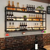 HFTUW 3-Tier Wall Mounted Wine Rack with LED Light, Stylish Wall Bar Shelves for Liquor Bottles & Hanging Glasses, Bar Shelves Wall Mounted for Kitchen, Dining Room & Home Bar(Black, 120cm/47in) HFTUW