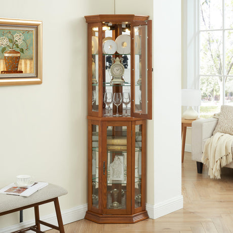 nifoti 69" H Lighted Curio Cabinet Corner Display Case, Corner Glass Cabinets with Tempered Glass Door & Adjustable Shelves, Wooden Curio Cabinet w/Mirrored Back Pane for Living Room (Oak) nifoti