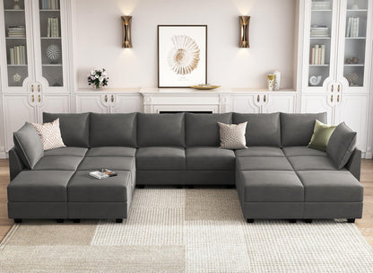 HONBAY Oversized Modular Sofa Couch with Chaise U Shaped Velvet Sectional Sofa Reversible Modular Sofa Sleeper Bed with Storage Seats, Grey