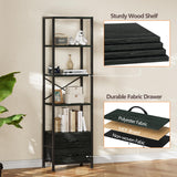 Furnulem 5-Tier Corner Shelf, Narrow Bookshelf with 2 Storage Drawers, 65.16" Tall Bookcase, Standing Shelf Organizer Unit for Living Room, Bedroom, Metal Frame, Wood Display Shelf(Black Oak) Furnulem