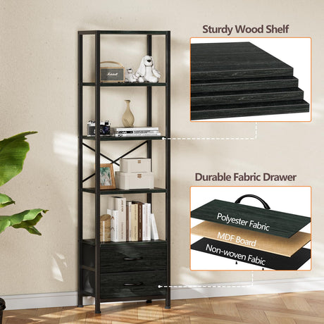 Furnulem 5-Tier Corner Shelf, Narrow Bookshelf with 2 Storage Drawers, 65.16" Tall Bookcase, Standing Shelf Organizer Unit for Living Room, Bedroom, Metal Frame, Wood Display Shelf(Black Oak) Furnulem