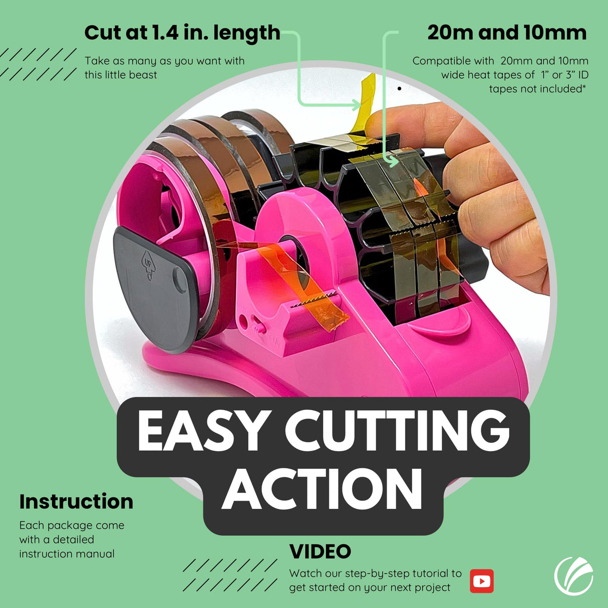 echomerx Pink Heat Tape Dispenser - Sublimation Tape Dispenser to Pre-Cut Heat Resistant Tape | Heat Transfer Tape, Fast Multi-Tape Cutter, Semi-Automatic, Manual Video & 1" Core for Scotch Tapes echomerx