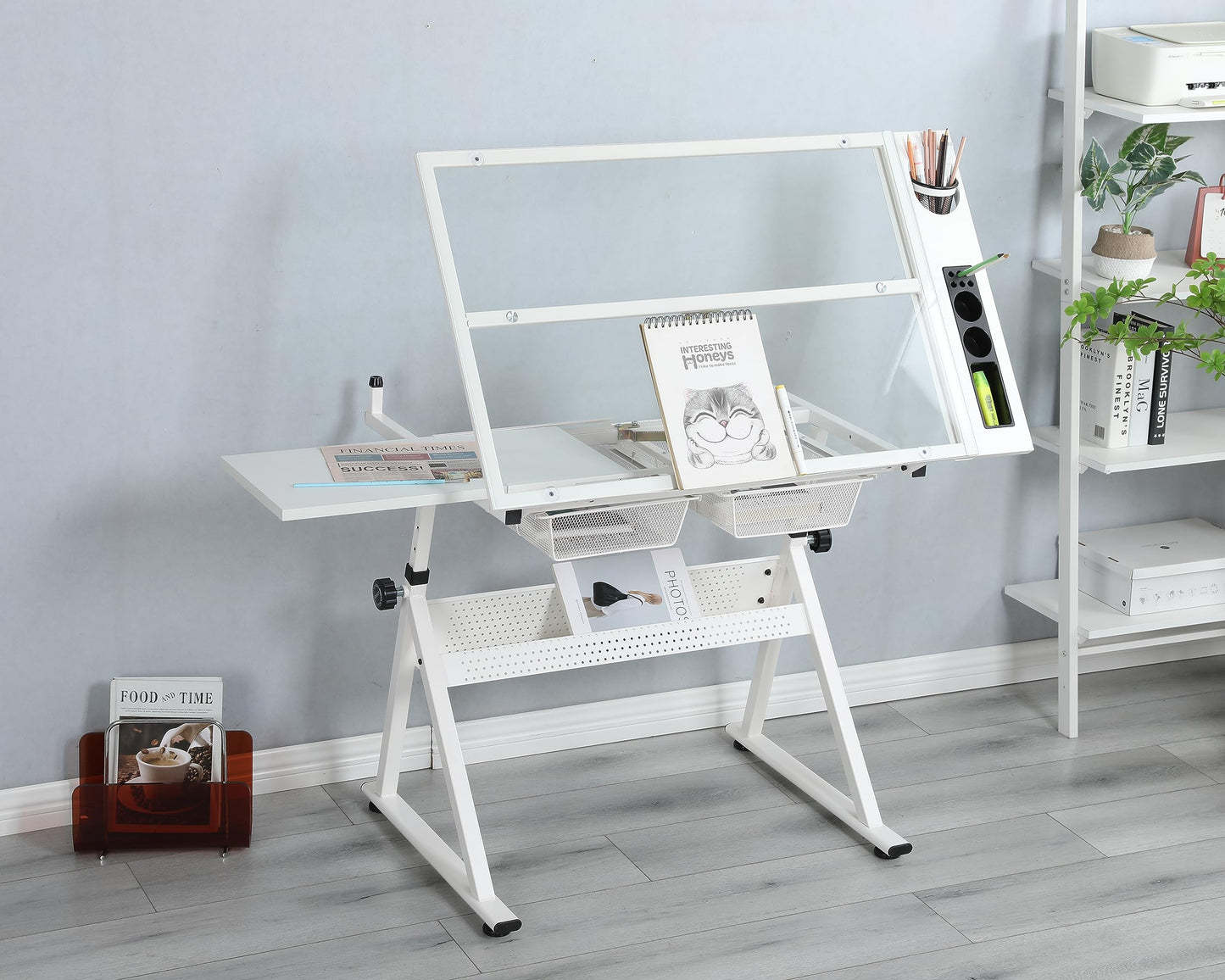 ALYIAMXL Drafting Table w/Stool, Painting Table Art Craft Desk Crafting Table with Tilting Tempered Glass Top, 2 Storage Drawers, Height Adjustable (White)