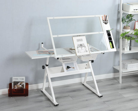 AOPNOMU Drafting Table with Stool, Height Adjustable Art Desk with Tilting Tempered Glass Tabletop, Expansion Board, and Multi-Storage, Drawing Table for Studio, Artists, Home Office, Painters, White AOPNOMU