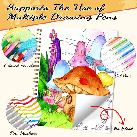 Coloring Book Set with 24-Color Acrylic Markers & Stickers, Ages 14+ Travel Sketch Book, 60 Pages 150gsm Thick Paper (7x8.3in) Spiral Bound Art Supplies Prudiut