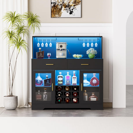 Wine Bar Cabinet with LED Light, Kitchen Coffee Bar Cabinet with Power Outlet, Home Liquor Cabinets with Glass Holder and Wine Racks, Modern Buffet Sideboard with Storage for Living Room, Kitchen SAHISTCT