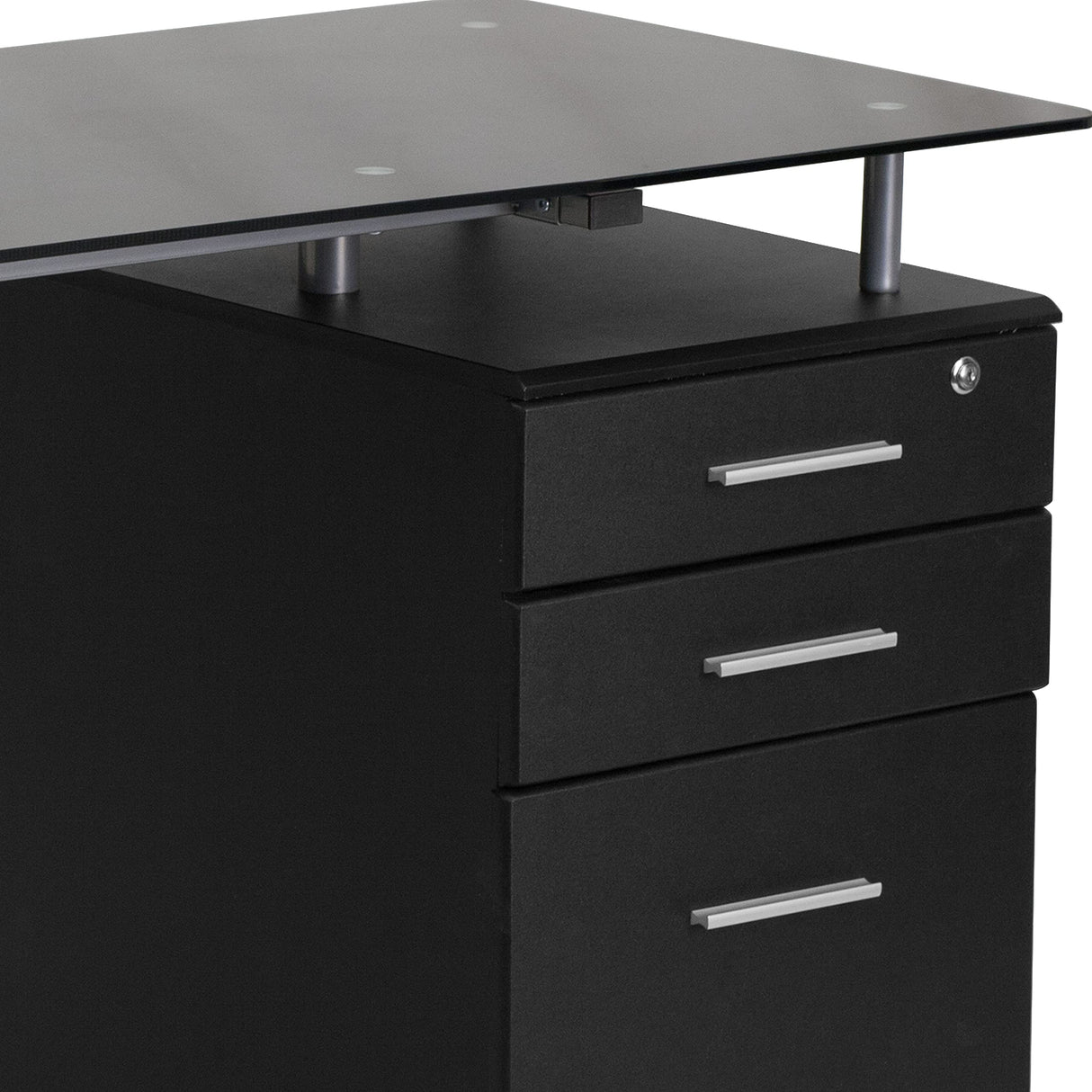 EMMA + OLIVER Black Glass Computer Desk with Three Drawer Pedestal EMMA + OLIVER