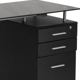 EMMA + OLIVER Black Glass Computer Desk with Three Drawer Pedestal EMMA + OLIVER