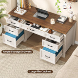 Halitaa Farmhouse Executive Desk, Wood Home Office Desk with 2 Large File Drawers and 5 Storage Cabinets, Rustic Writing Desk for Work and Study, Brown Halitaa