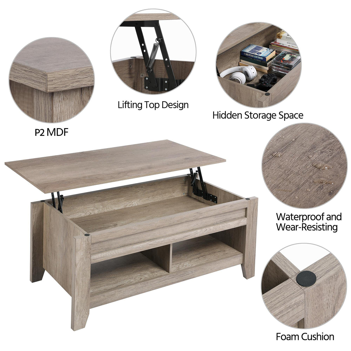 Yaheetech Lift Top Coffee Table, Coffee Table with Hidden Storage Compartment & Lower Shelf, 41in Center Table for Living Room, Office, Grey Yaheetech