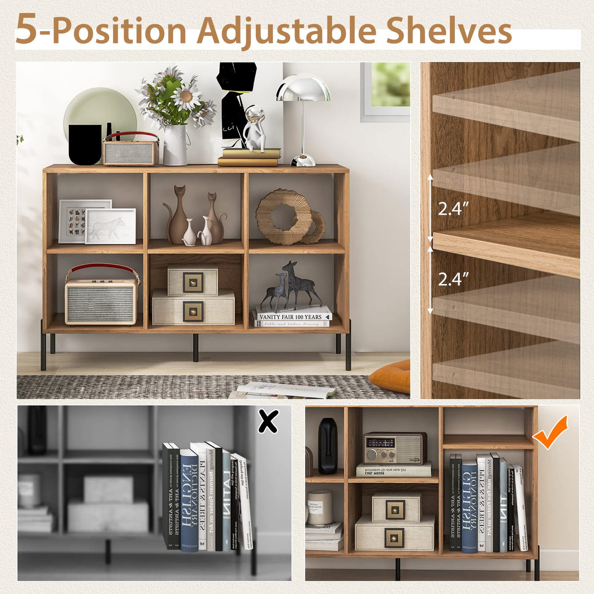 Tangkula 6-Cube Adjustable Bookcase with Metal Legs and Anti-Tip Safety Features in Natural Finish Tangkula