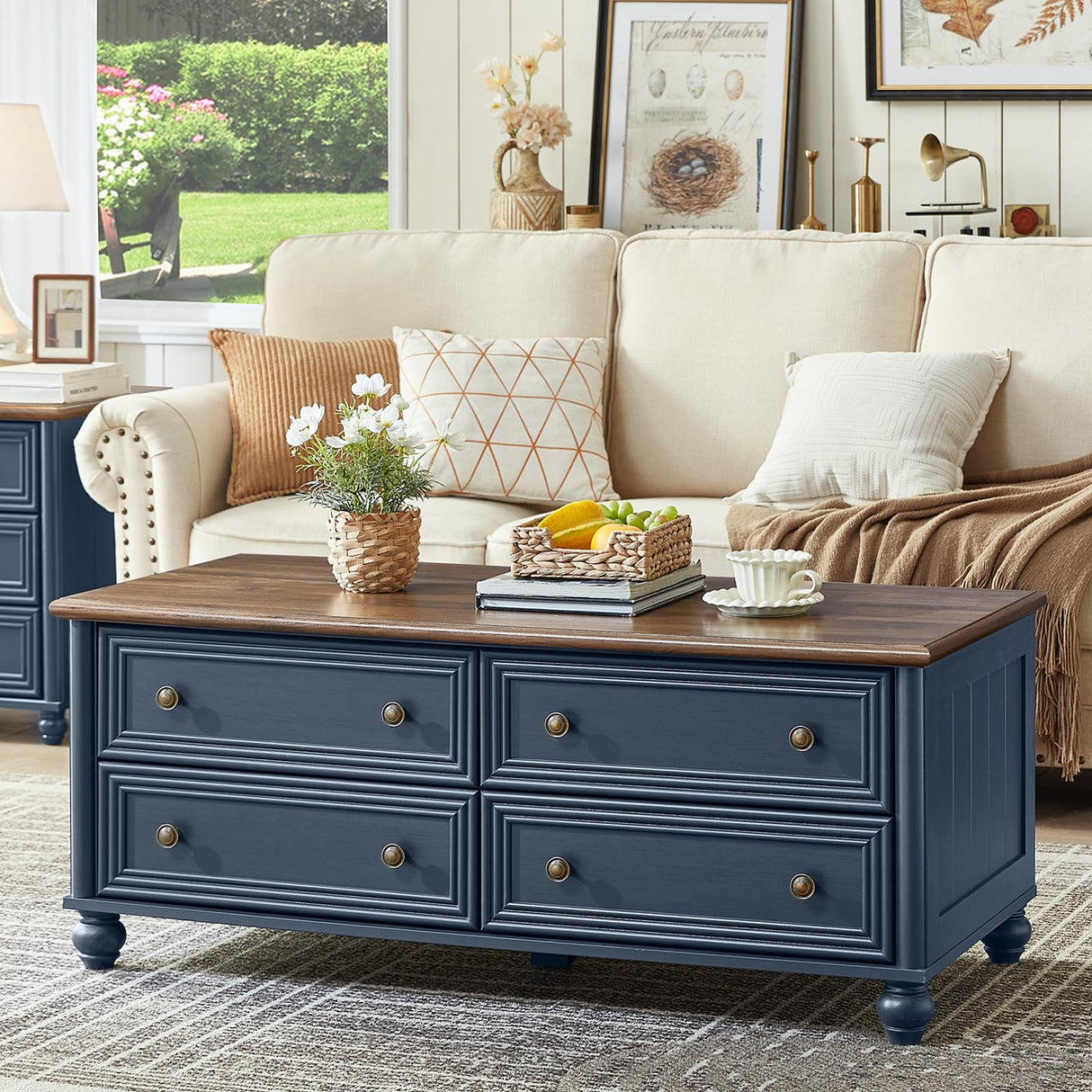 RWYHG 48" Farmhouse Coffee Table with Hidden Storage,Wooden Coffee Tables with 4 Drawers & Roman Column Handle,Rectangular Rustic Center Table with Solid Wood Curved Legs for Living Room,Office,Blue RWYHG