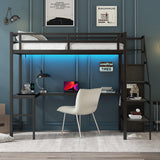 Full Size Metal Loft Bed with Desk and Wardrobe,Heavy Duty Loft Bed Frame with Storage Stairs,LED Loft Bed Full with Charging Station, Space Saving Loft Bed Full for Kids,Teens,Adults,Black Bellemave