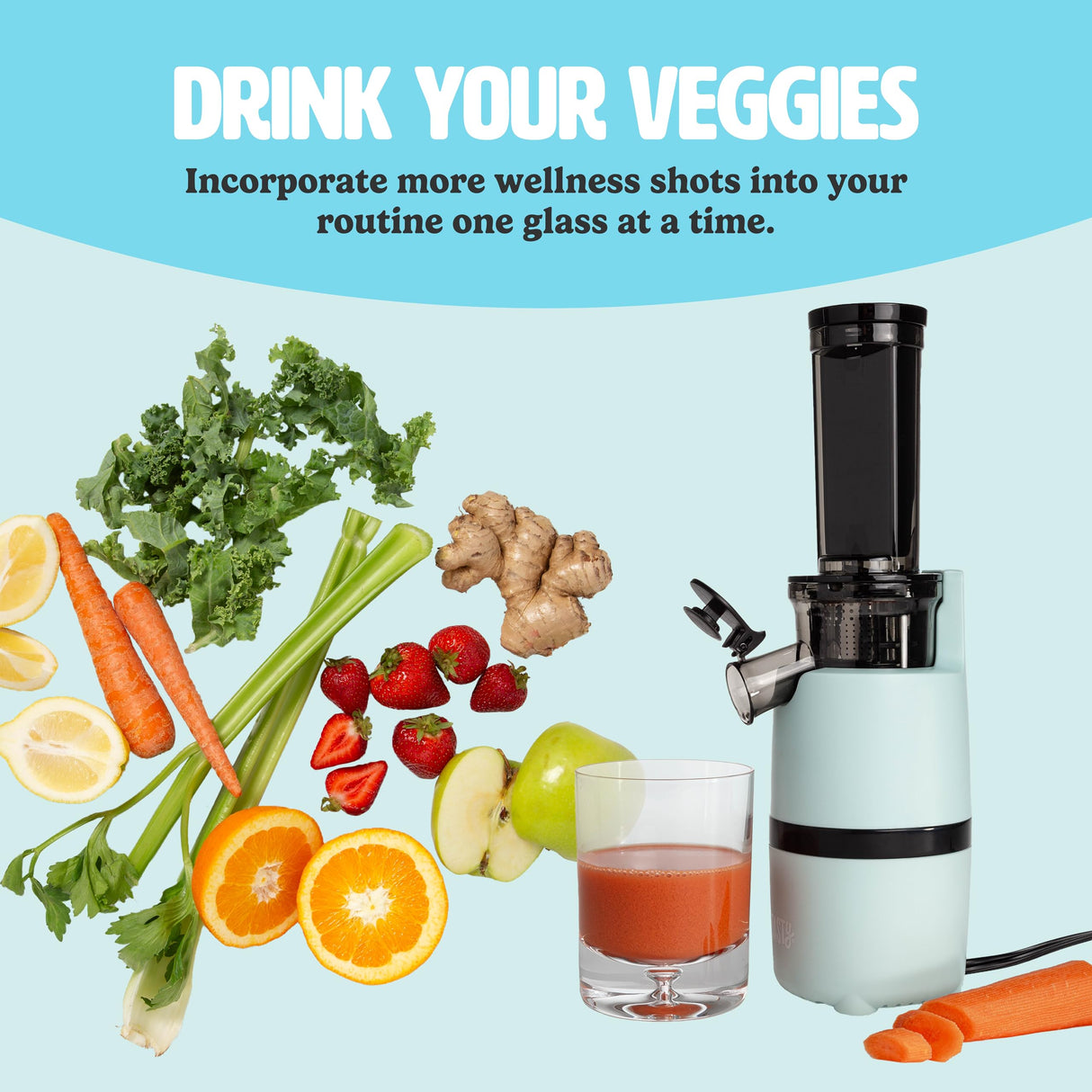 Tasty Slow Juicer, Compact Masticating Juicer with Pulp Separation, Maximum Juice Yield for Fresh, Nutrient-Rich Drinks, Easy Clean-Up & Compact Design, Aqua Tasty