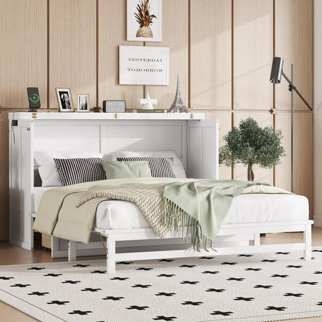 KEIKI Queen Size Cabinet Murphy Bed with Charging Station and Drawers, Multiple Storage Foldable Hideaway Wall Murphy Bed Frame with Solid Slat, No Box Spring Needed, Easy Assembly, for Bedroom, White KEIKI