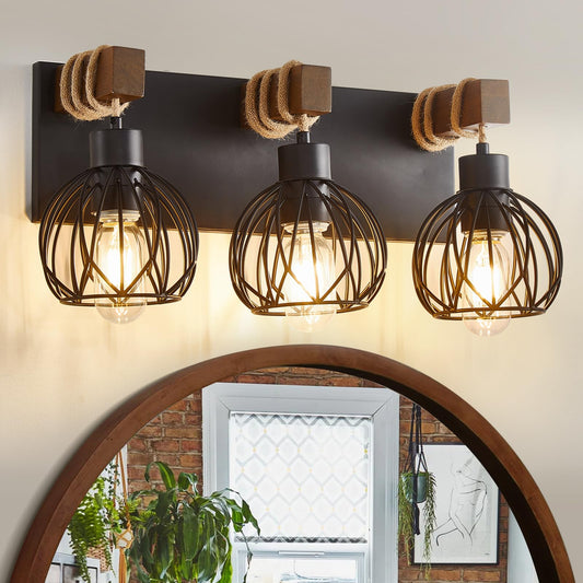 Farmhouse Bathroom Light fixtures, 3 Light Wood Bathroom Lights Over Mirror, Rustic Rattan Black Vanity Light with Globe Metal lampshade, Sconces Wall Lighting for Bathroom, Living Bedroom Ha - WoodArtSupply