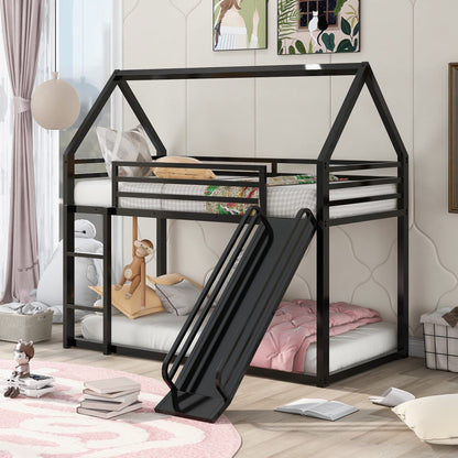 NKISHECK Twin Over Twin Bunk Bed with Slide, Junior House Low Bunk Bed Metal Bunkbeds with Ladder and Full-Length Guardrail for Girl, Boy, Floor Bunk Bed, No Box Spring Needed (Black)