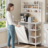DWVO White Bakers Rack with Trash Can Bin Cabinet and Power Outlet, Microwave Stand Cabinet with 6 Hooks, 6-Tiers Farmhouse Kitchen Tall Thickened Coffee Bar Table Station with Storage Shelf DWVO