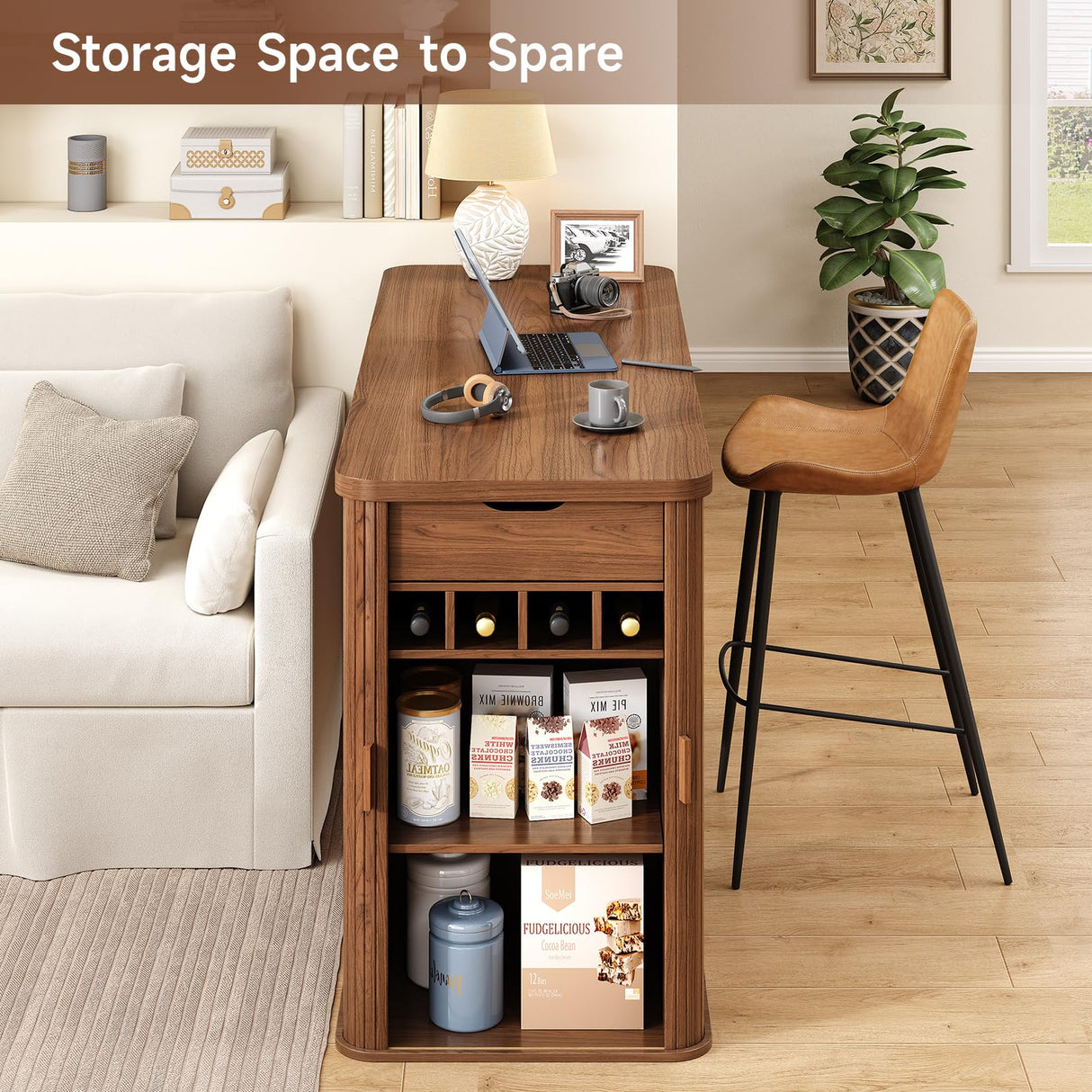 ONBRILL 59 Inch Kitchen Island with Storage, Fluted Counter Height Table, Mid-Century Modern Kitchen Island Table with Sliding Door, Home Bar Tables with Wine Rack and Drawers Walnut ONBRILL