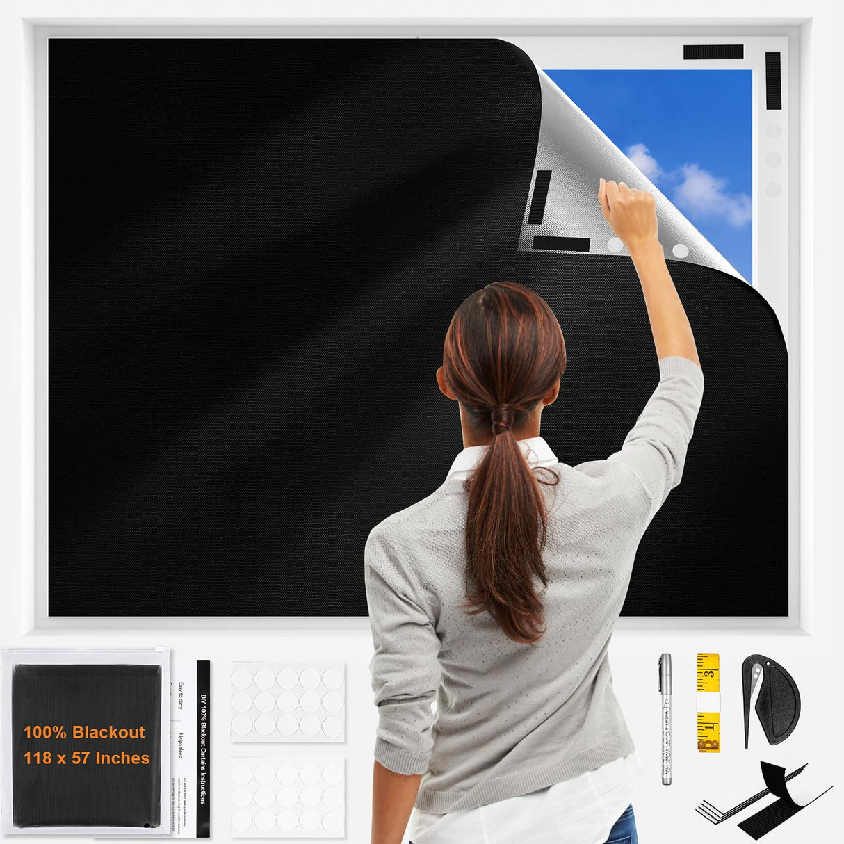 AUYAARS 100% Blackout Curtains 118"x57" Portable No Drill Window Shades for Bedroom, Nursery, RV, Dorm Room, Travel, Temporary Blackout Blinds with Stickers & Tabs, DIY Window Cover (Black) AUYAARS