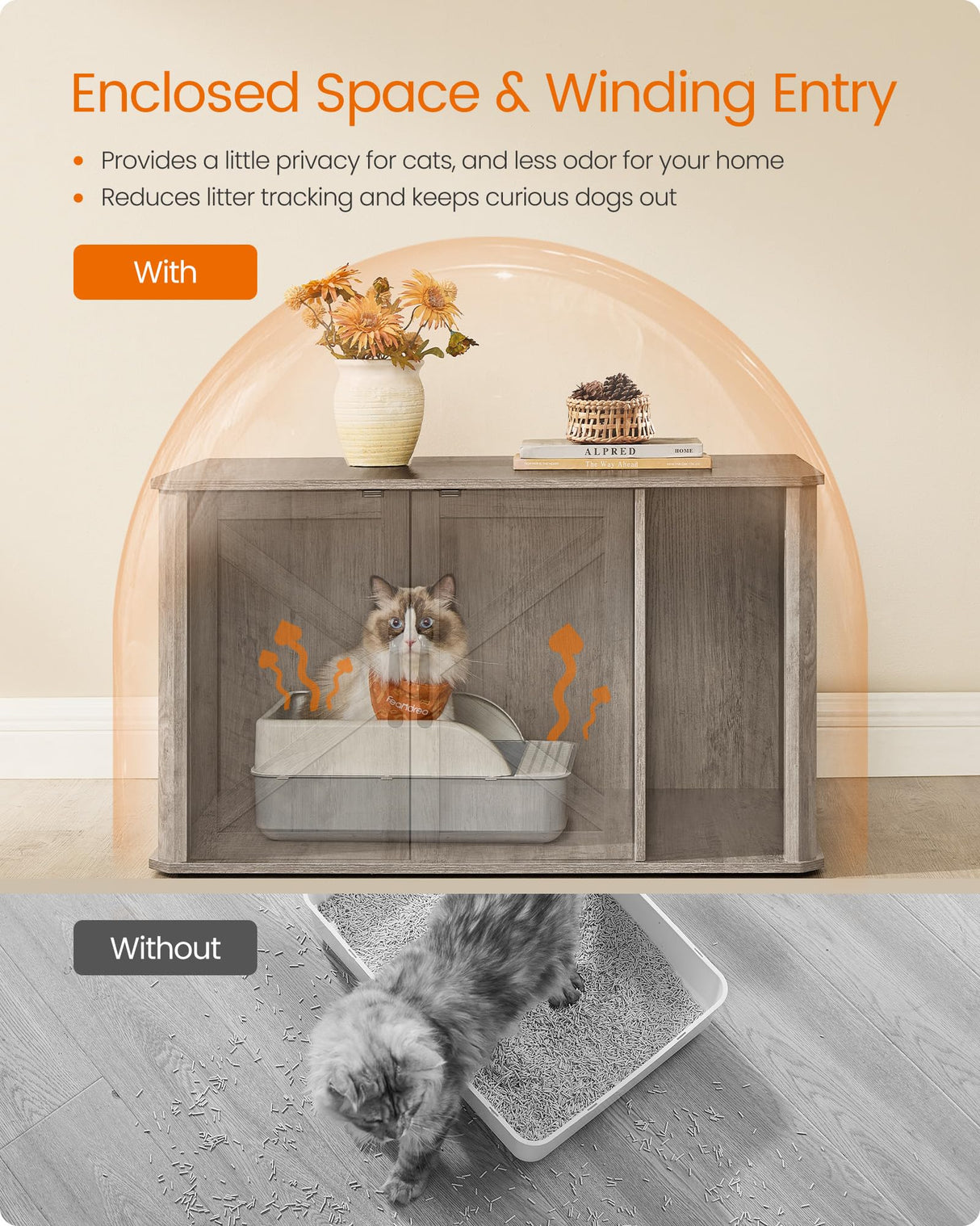 Feandrea Litter Box Enclosure, Modern Cat Litter Box Furniture Hidden, with Front Entry, Double Doors, Handles, Cat House, Side End Table, 33.5 x 19 x 19.5 Inches, Heather Greige UPCL012G01 Feandrea