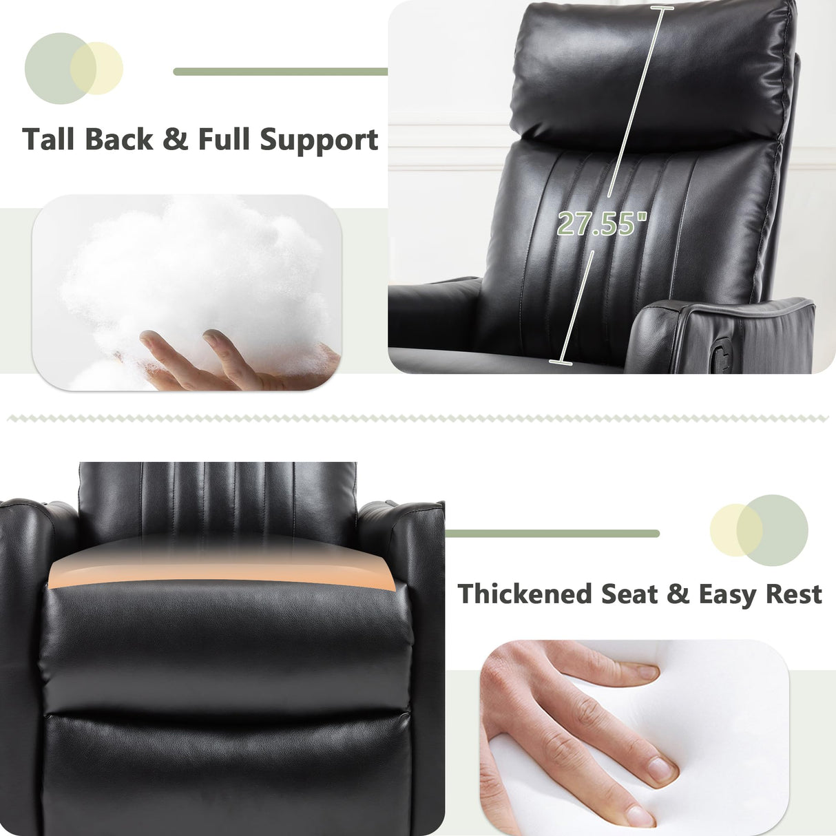 cinkehome Heated Massage Swivel Rocker Recliner Chair for Nursery - Small Space Reclining Chair with Lumbar Support, 360° Swivel & Gentle Rocking, Ergonomic High Back Faux Leather Black cinkehome