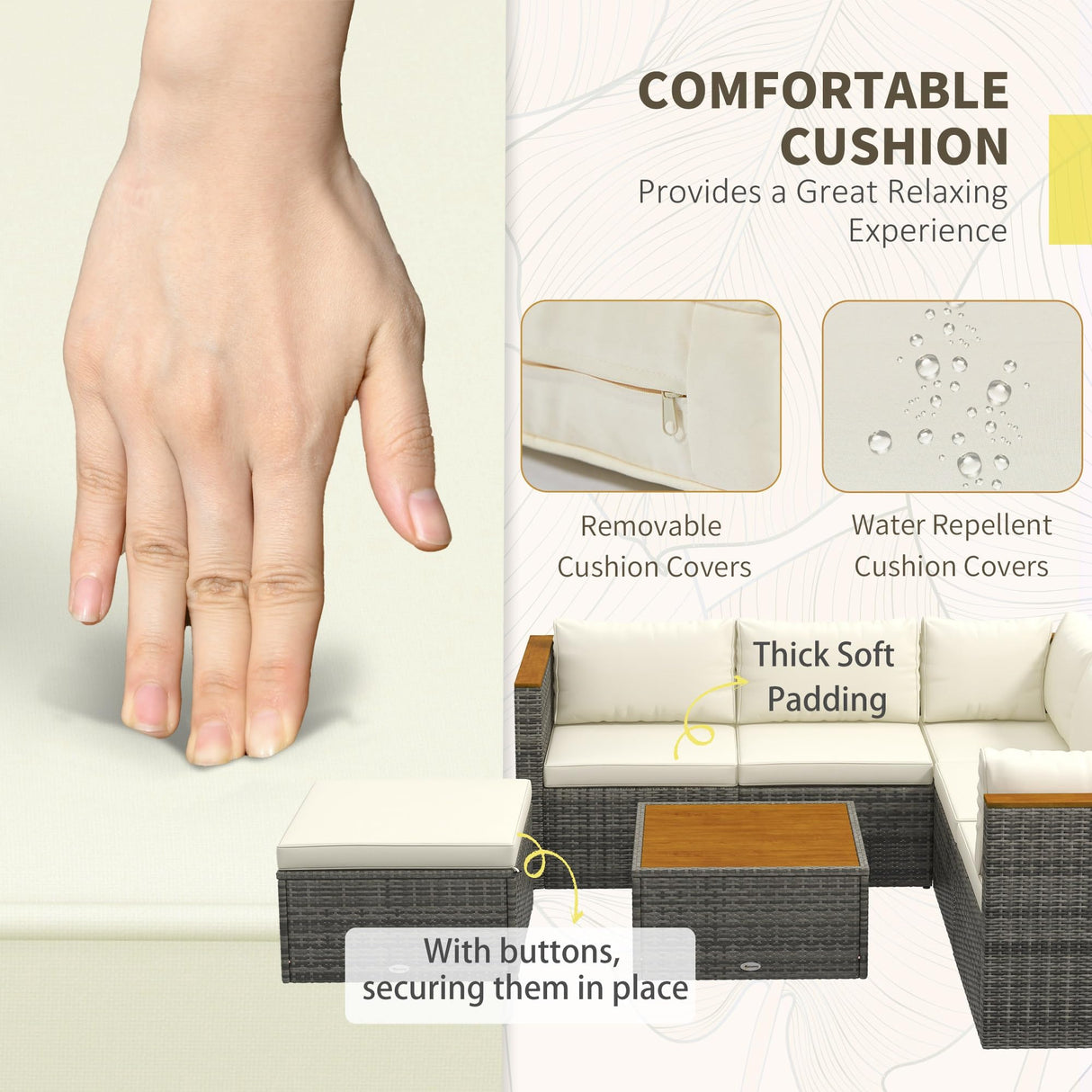 Outsunny Patio Wicker Furniture Set with Cushion, 7 Pieces Outdoor PE Rattan Sectional Sofa with Adjustable Backrest Seat Panel, Acacia Wood Accents, Metal Frame, White Outsunny