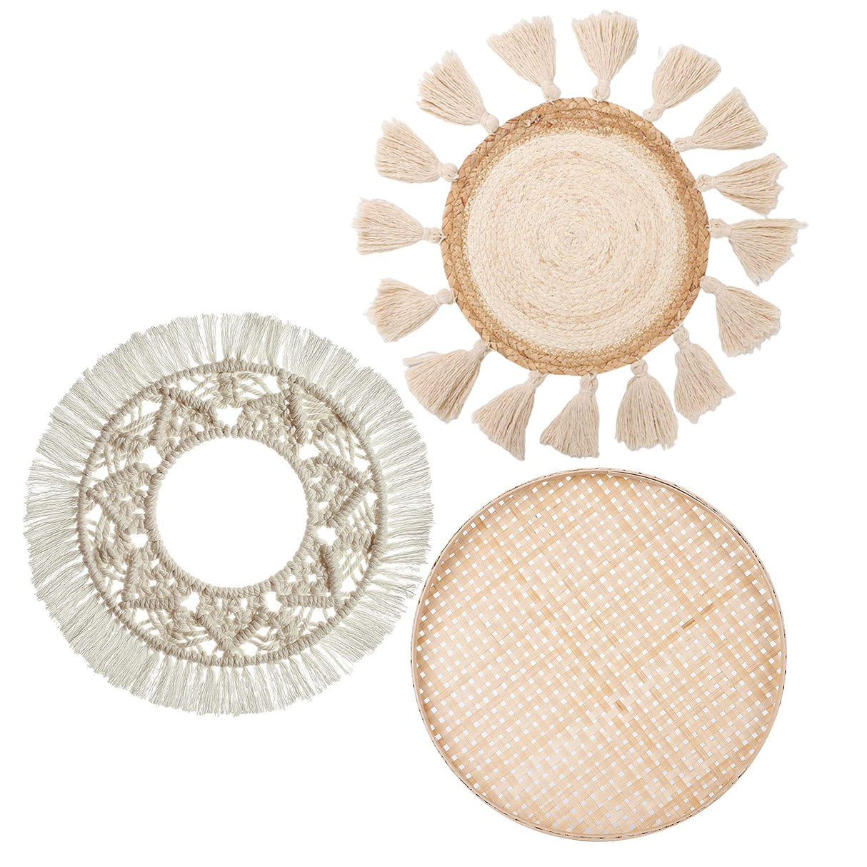 LOCS MICRAI Boho Wall Basket Decor Set of 3 - Flat Woven Basket Wall Hanging Decor,Round Tassels White Macrame Tapestry Wall Decor Art,Handmade Rattan Wicker Seagrass Home Wall Baskets Decor LOCS MICRAI