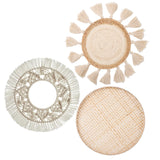LOCS MICRAI Boho Wall Basket Decor Set of 3 - Flat Woven Basket Wall Hanging Decor,Round Tassels White Macrame Tapestry Wall Decor Art,Handmade Rattan Wicker Seagrass Home Wall Baskets Decor LOCS MICRAI