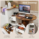 SILKYDRY Reception Desk, Small Retail Checkout Counter with Lockable Drawer and Open Shelves, Wooden Computer Workstation for Home Office Lobby, White Oval Desktop & Brown Counter SILKYDRY