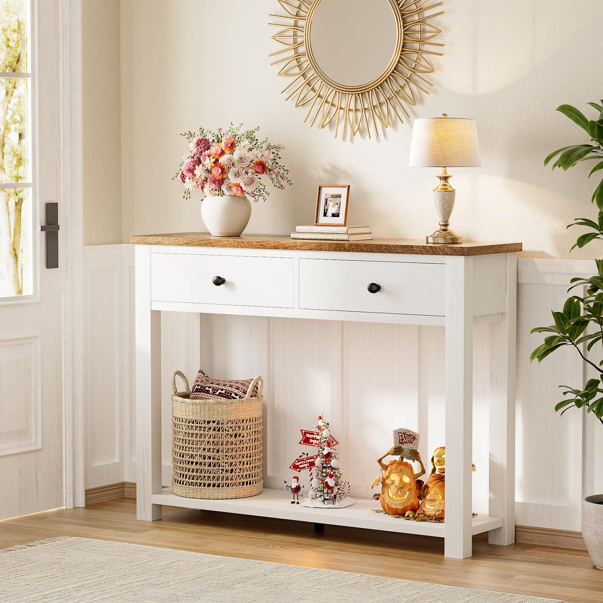Homieasy Farmhouse Console Table with 2 Drawers, 32 Inch Small Sofa Table with Storage Shelf for Living Room, Behind Couch, Entryway Table for Hallway, Living Room, or Foyer, Rustic Brown and White Homieasy