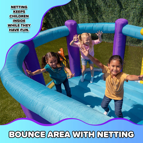 Sportspower INF-2415 Whack-A-Play Inflatable Bounce House with Basketball Hoop, Slide and Quick Inflate Blower: Recommended Age 3-8, Blue/Purple and Yellow, 13'x12'x7.83' Sportspower