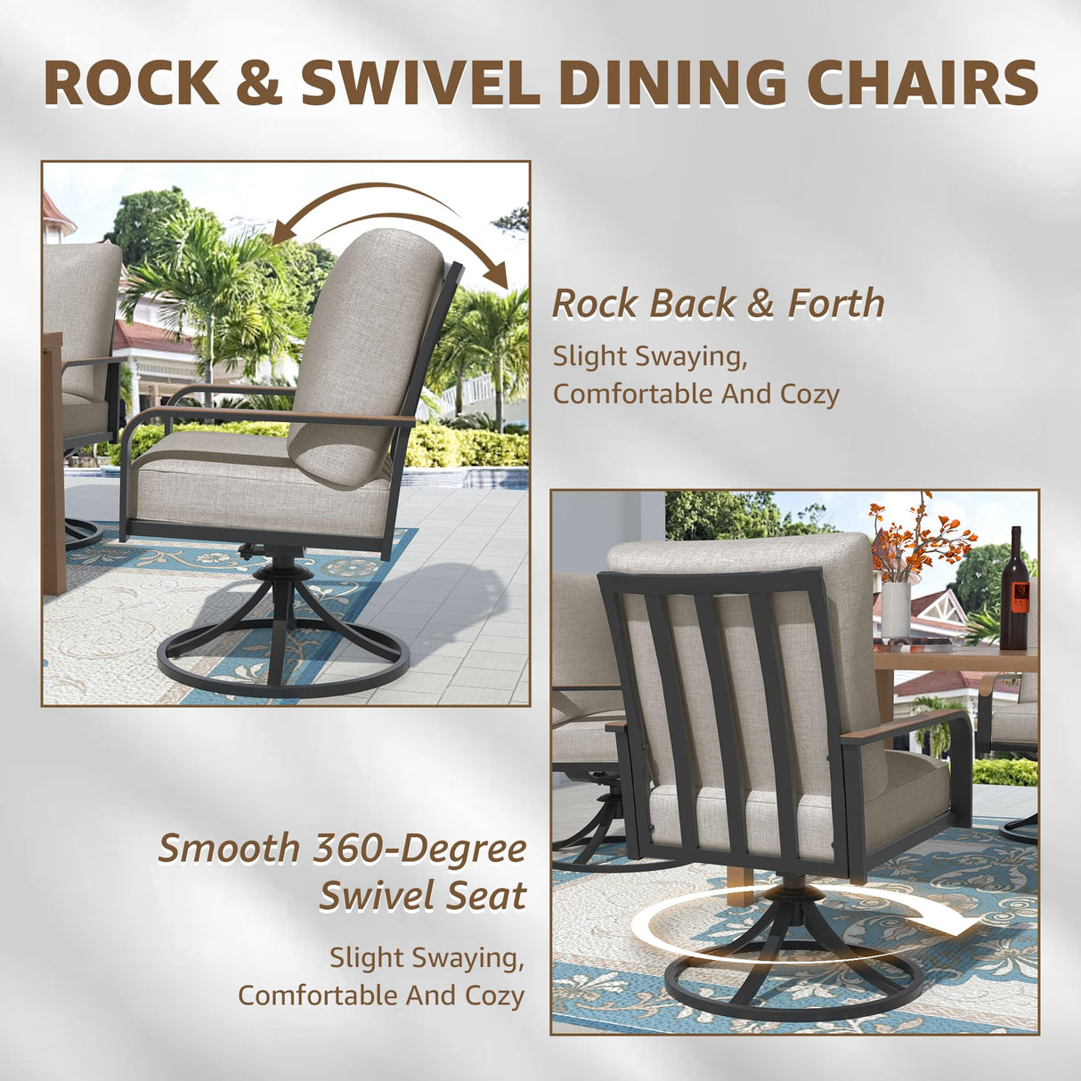 NATURAL EXPRESSIONS 5 Piece Outdoor Patio Dining Sets, 4pcs Swivel Dining Chairs & Square Woodgrain Dining Table with 1.65”Umbrella Hole for Lawn, Garden, Deck, Backyard and Porch NATURAL EXPRESSIONS