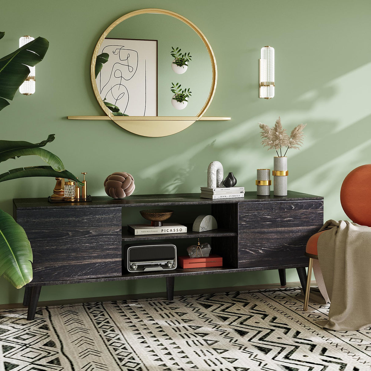 WLIVE TV Stand for 55 60 inch TV, Modern Entertainment Center with Storage Cabinets, Mid Century TV Console Table for Bedroom, TV Stand for Living Room, Charcoal Black WLIVE