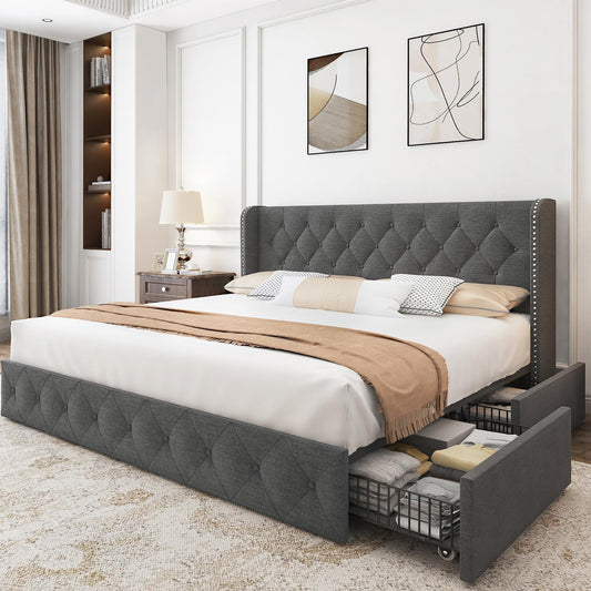 Elegant King Size Bed Frame with Wingback Headboard & 4 Storage Drawers by BRELTAM - WoodArtSupply