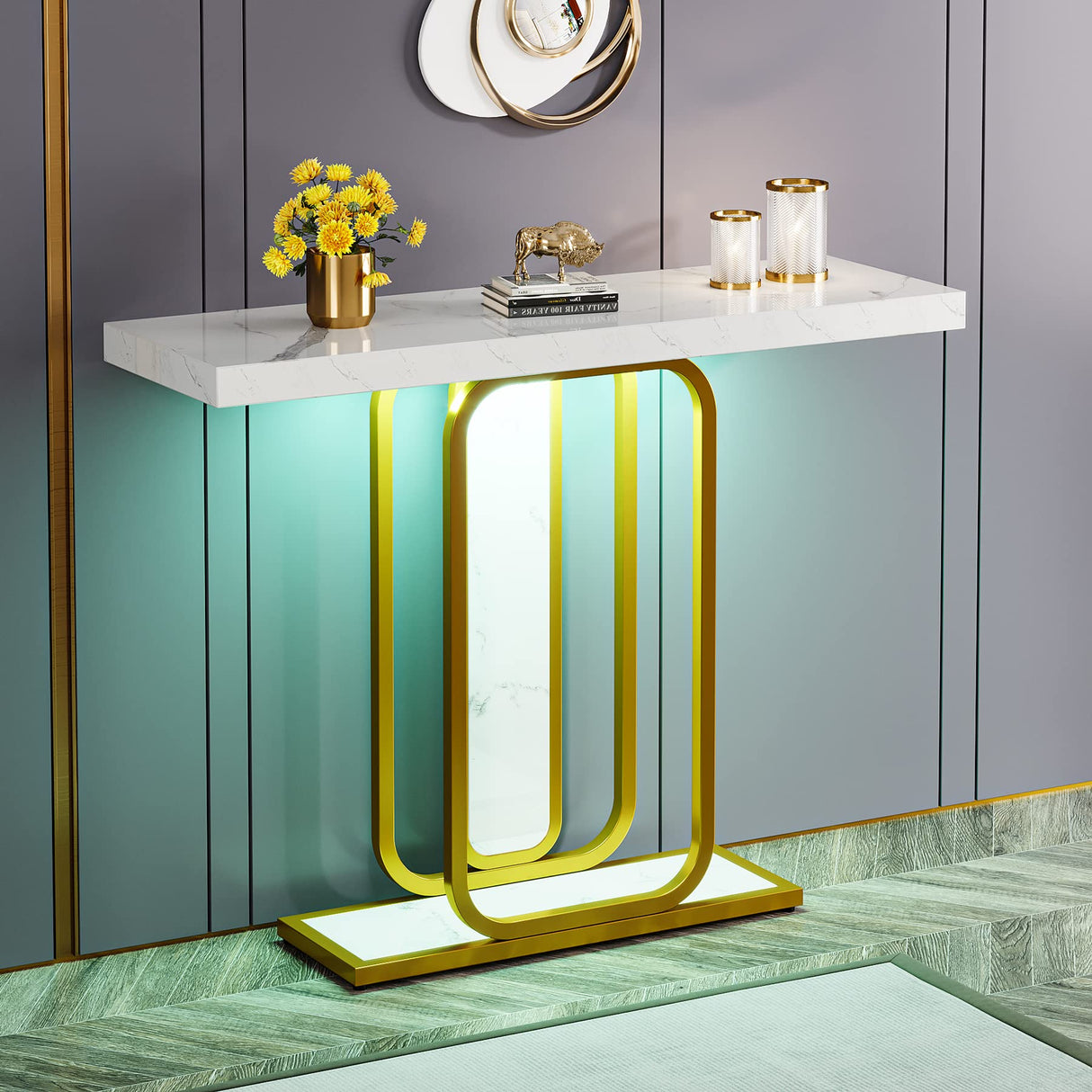 Tribesigns Modern Gold White Console Table with LED Lights, 41.3 Inch Entryway Hallway Foyer Accent Table with Faux Marble Veneer for Living Room, Entrance Tribesigns