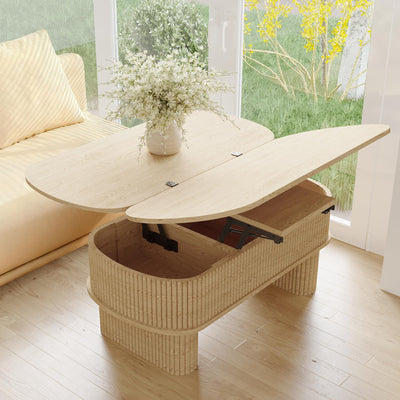 Lift Top Coffee Table with Large Storage,Lifting Converts to Dining Table, Round Pop Up Coffee Table Fluted Oval Wood Center Table For Living Room,Fully Assembled Space-Saving for Eating&Laptops