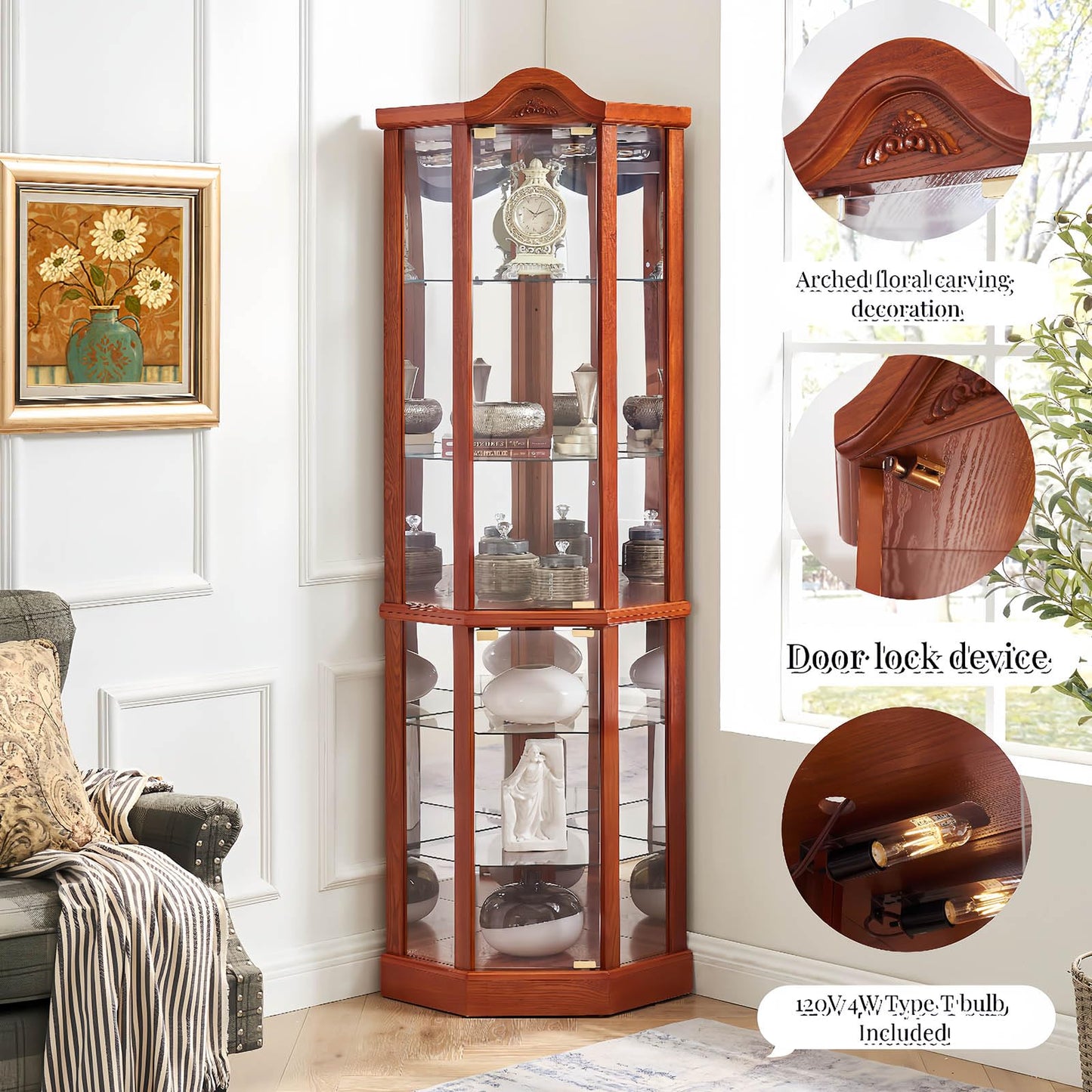 Glass Display Cabinet with Glass Doors, Corner Curio Cabinet with 4 Adjustable Glass Shelves, China Cabinet with Wooden Flower Carving for Living Room, Hallway, Oak - WoodArtSupply