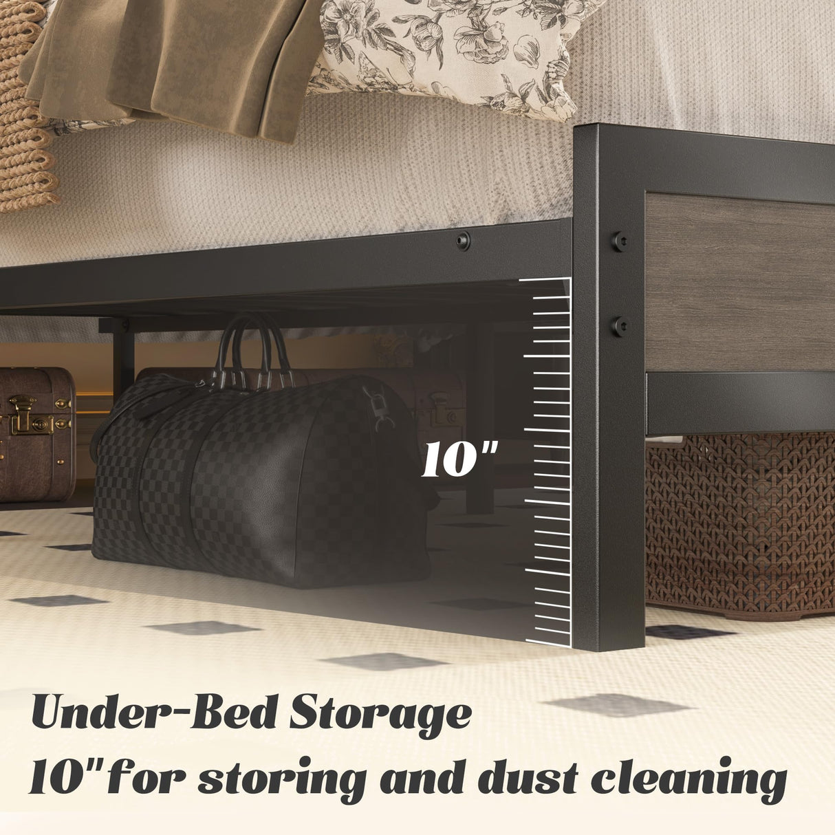 Fluest Queen Bed Frame with Headboard & Footboard, Bed Frame with Built-in Charging Station & LED Light, Storage Shelf, Noise-Free, No Box Spring Needed, Easy Assembly, Rustic Grey Fluest