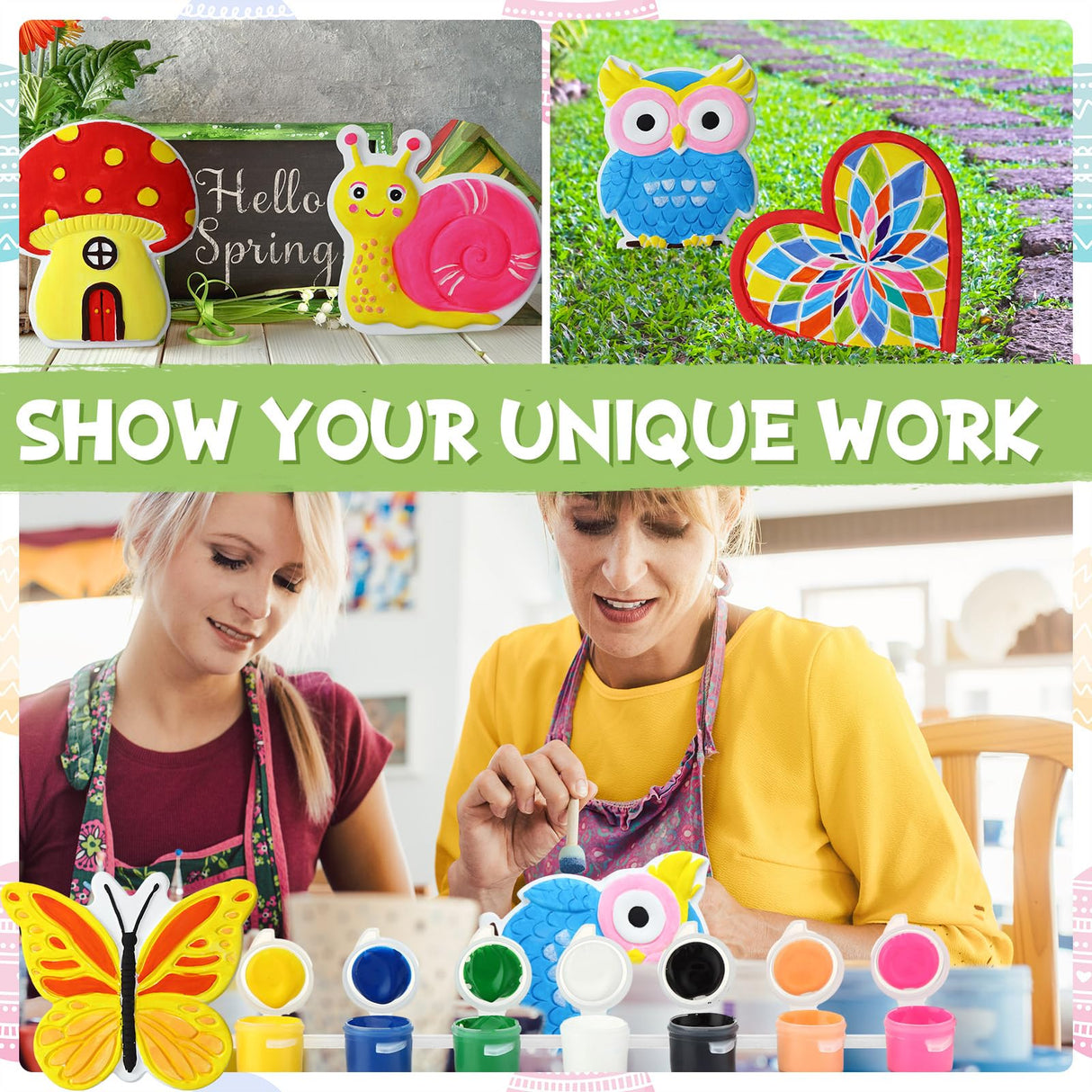 RoundFunny 10 Pack Summer Paint Your Own Stones for Adult Garden Stepping Stone Kit DIY Ceramic Butterfly Flower Turtle Ladybug Painting Craft Kits Painting Supplies Garden Outdoor Art Gifts RoundFunny