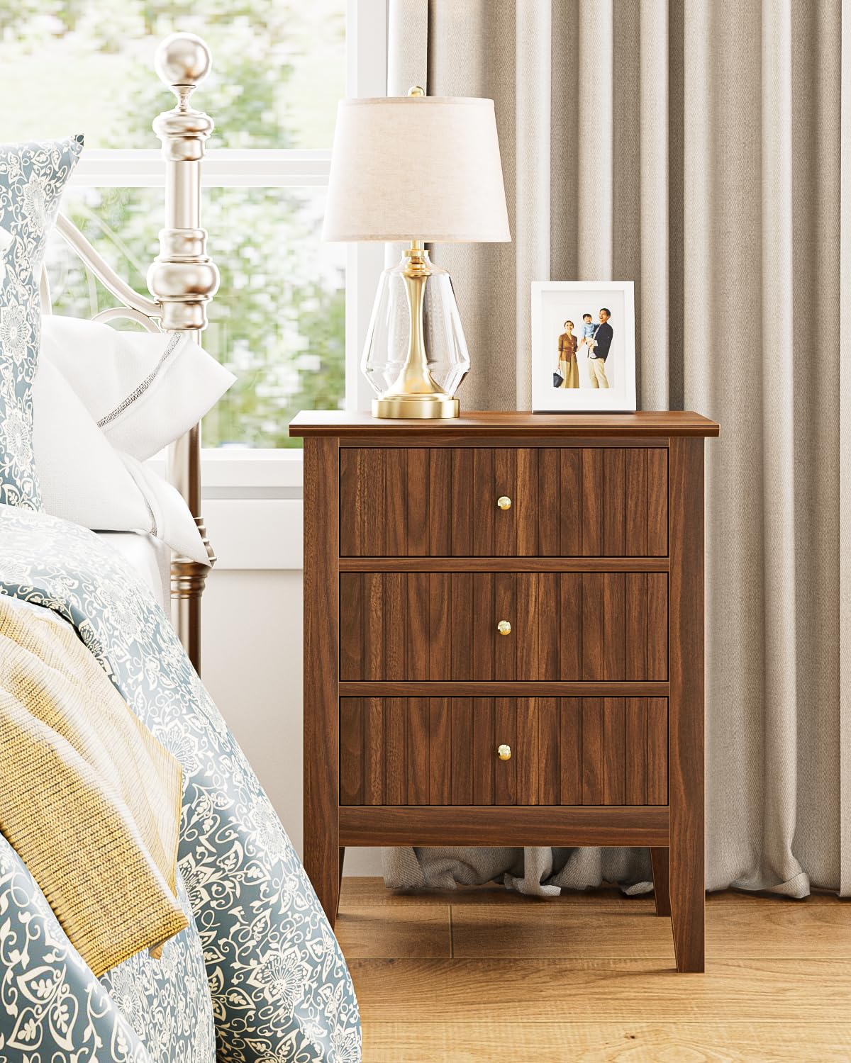 Apetaccat Night Stand, Fluted Nightstand Bedside Tall Farmhouse Nightstand with 3 Drawers, Mid Century Modern Side Accent Table,Bedside End Table for Bedroom, Living Room, Walnut Apetaccat