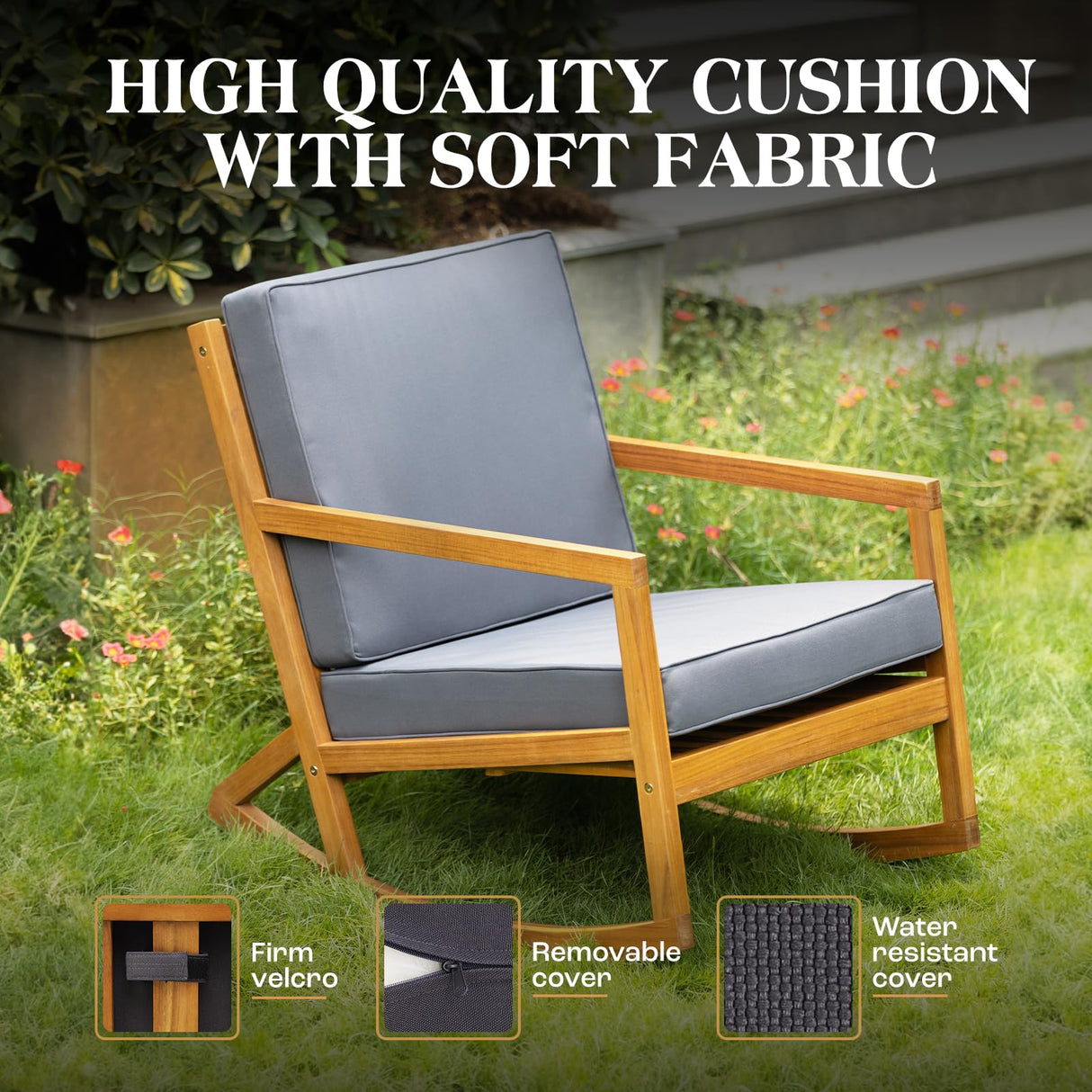 IDZO Premium Club Rocking Chair 500lbs Capacity with Inclined Backrest, Thick Foam, Solid Acacia Wood Rocker for Patio, Backyard, Balcony, Porch, 2 Cushions_Grey IDZO