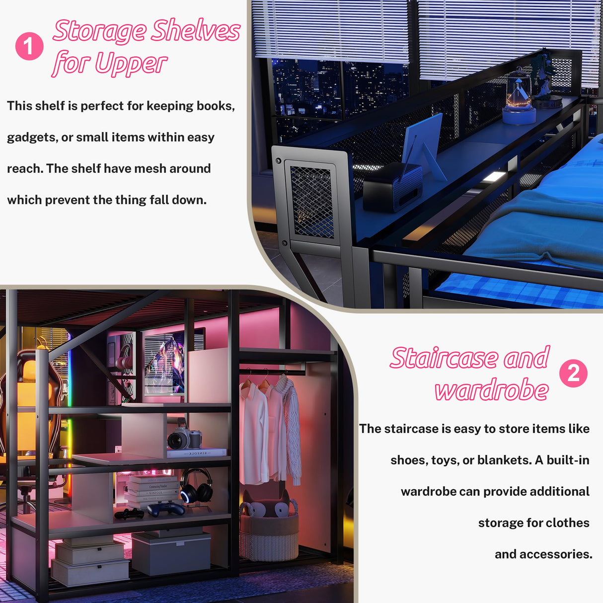 Metal Loft Bed with Desk and RGB LED Lights, Full Size Loft Bed with Stairs and Charging Station,Kids Loft Beds with Storage Shelves for Upper and Wardrobe,Loft Beds Frame for Kids Teens, Black Duxelifin