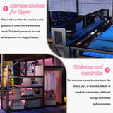 Metal Loft Bed with Desk and RGB LED Lights, Full Size Loft Bed with Stairs and Charging Station,Kids Loft Beds with Storage Shelves for Upper and Wardrobe,Loft Beds Frame for Kids Teens, Black Duxelifin