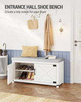 Hzuaneri Shoe Storage Bench, 2 Tier Shoe Bench with Padded Seat Cushion & 2 Barn Doors, Entryway Bench with Adjustable Shelf, Farmhouse Shoe Cabinet for Living Room, Bedroom, White SB26603GY Hzuaneri