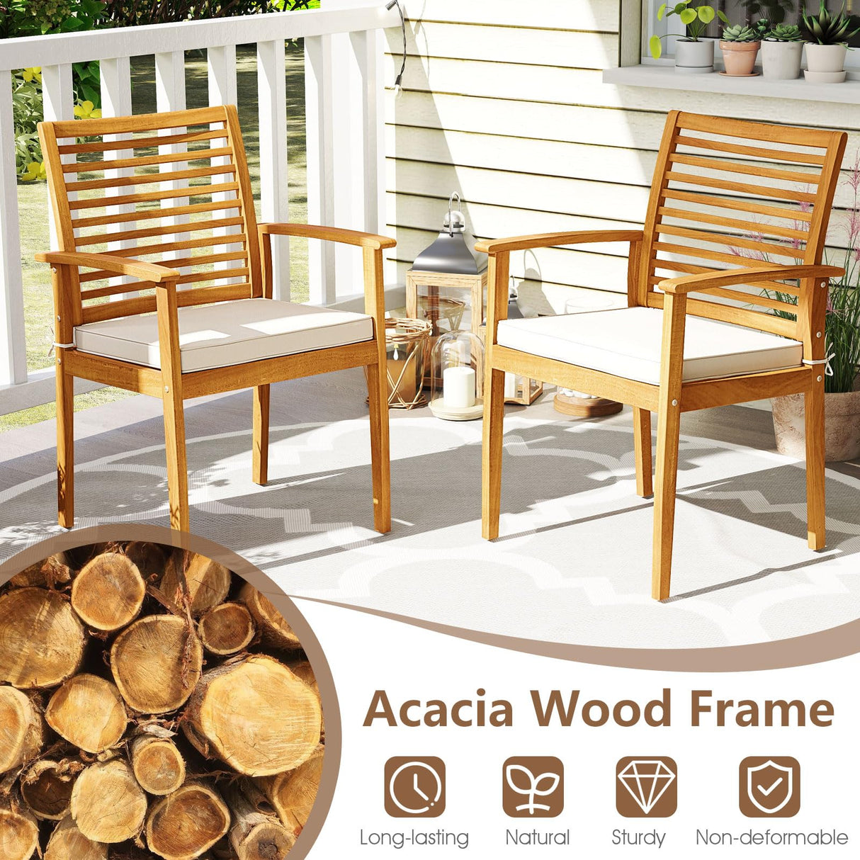 Tangkula Patio Wood Dining Chairs Set of 4, Outdoor Acacia Armchairs w/Removable Padded Cushion, Slatted Backrest, 400 LBS Weight Capacity, for Garden, Poolside, Yard (2) Tangkula