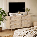 Angel Sar Rattan Dresser for Bedroom, 6 Drawer Wide Dresser, Boho&Farmhouse Chest of Drawers, 43" Clothes Storage Cabinet, Metal Handle&Wood Legs for Hallway, Living Room, Bedroom, Wood Angel Sar