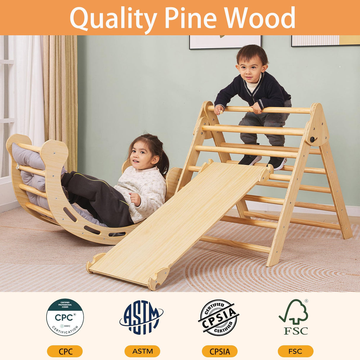 SHWWQUE Pikler Triangle Set Montessori Climbing Toys for Toddlers Pikler-3 Piece Indoor Playground 3 in 1 Foldable Baby Climbing Gym Jungle Gym for Kids Ages 1-6 Natural SHWWQUE