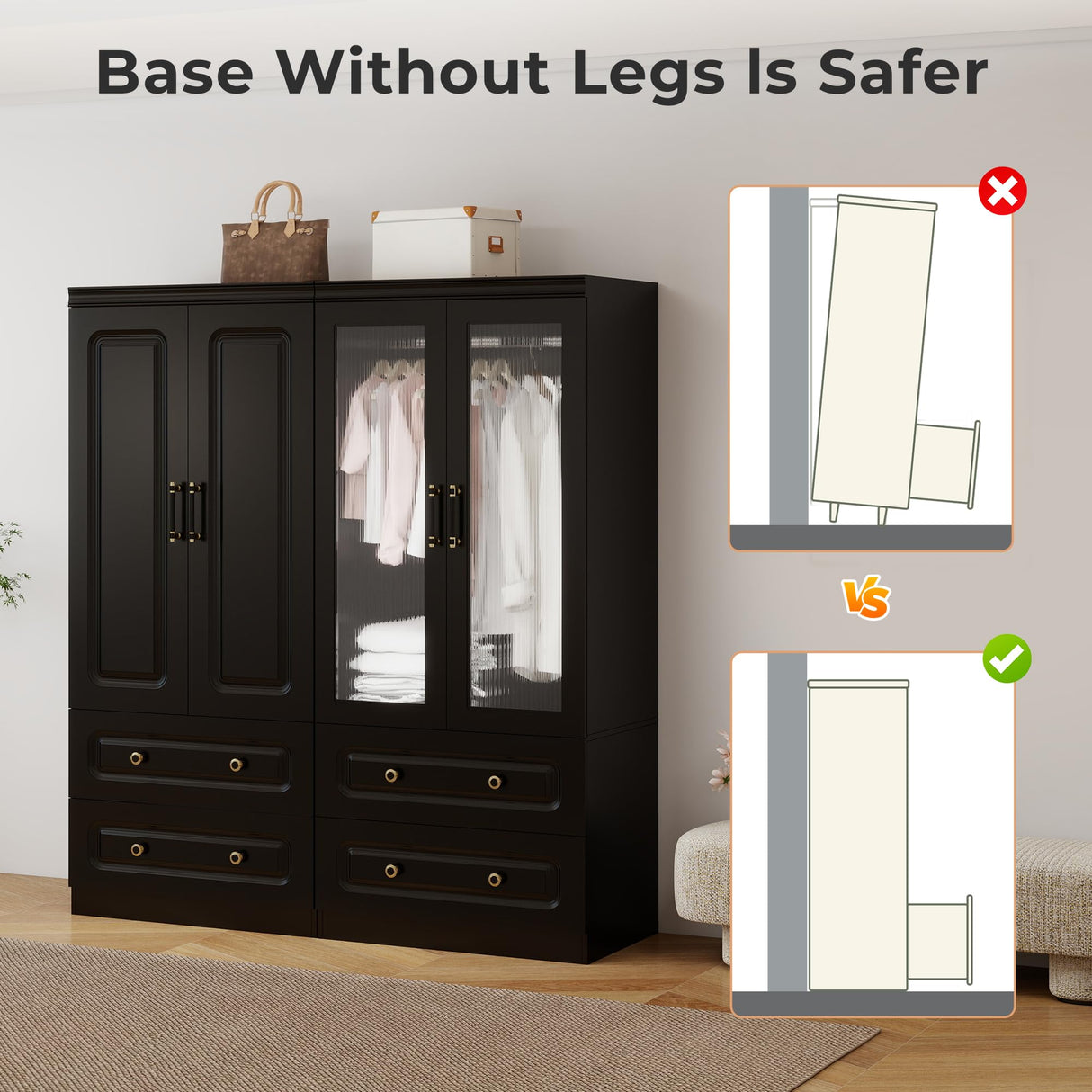 GraceGrove Armoire Wardrobe Closet with 4 Glass Doors and 4 Drawers, Armoire with Hanging Rods, Wood Armoire Closet Cabinet with Large Storage, Armoires and Wardrobes for Bedroom Black GraceGrove