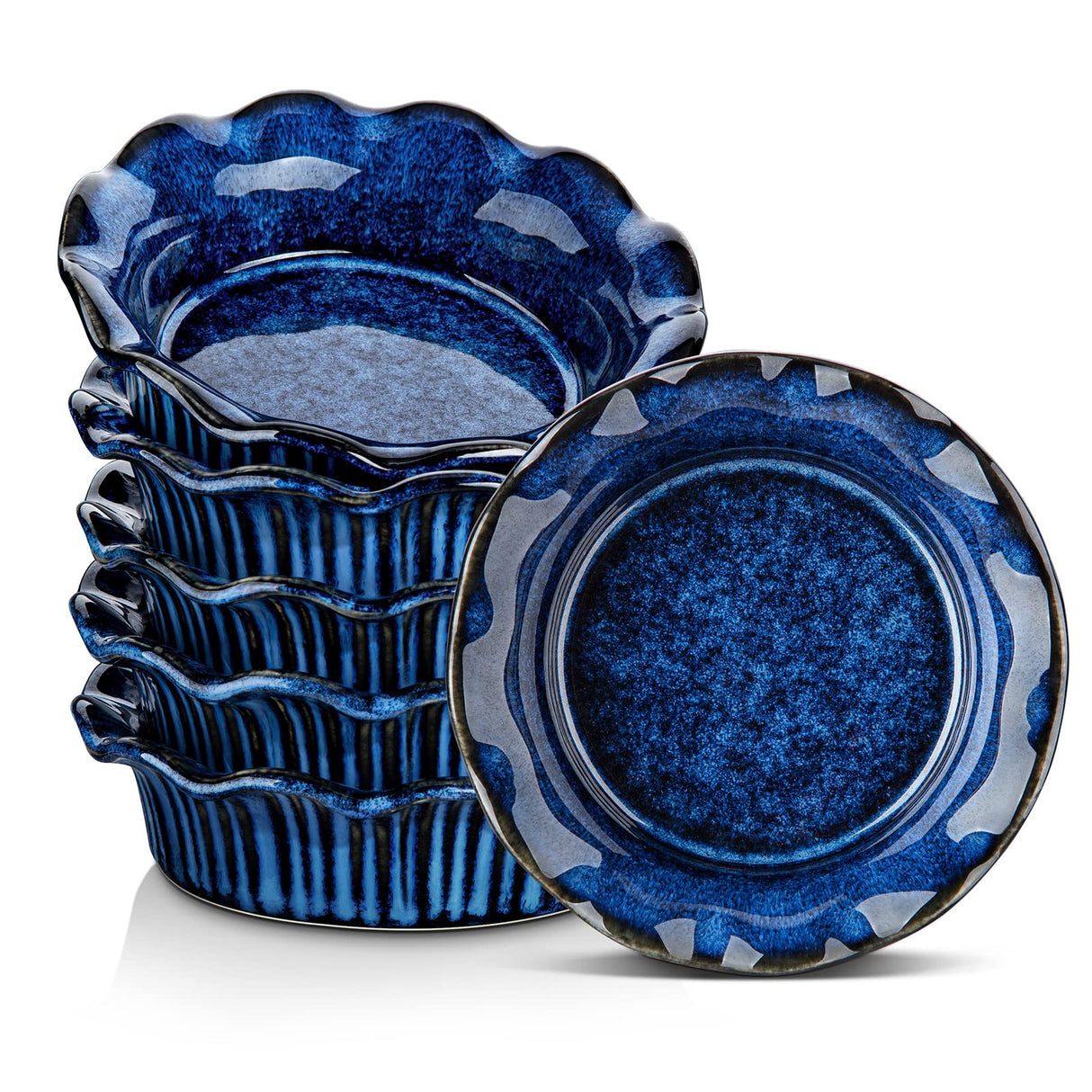 vancasso Mini Pie Pans Set of 6, 5.2 Inch Ceramic Deep Dish Pie Plates with Ruffled Edge for Baking, Microwave & Oven Safe, Blue vancasso